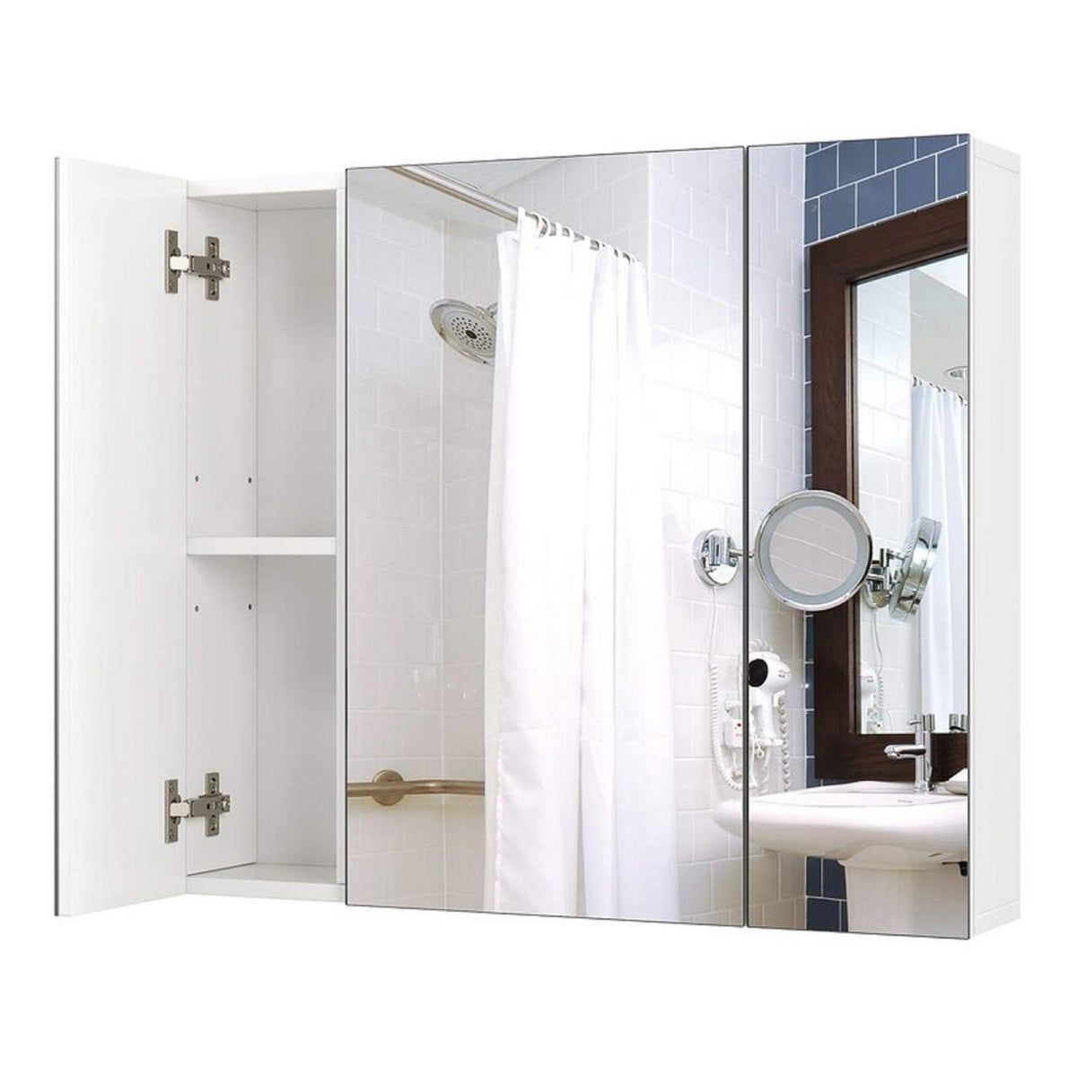 Wall cabinet with two hinged doors, mirror panels, and open storage behind