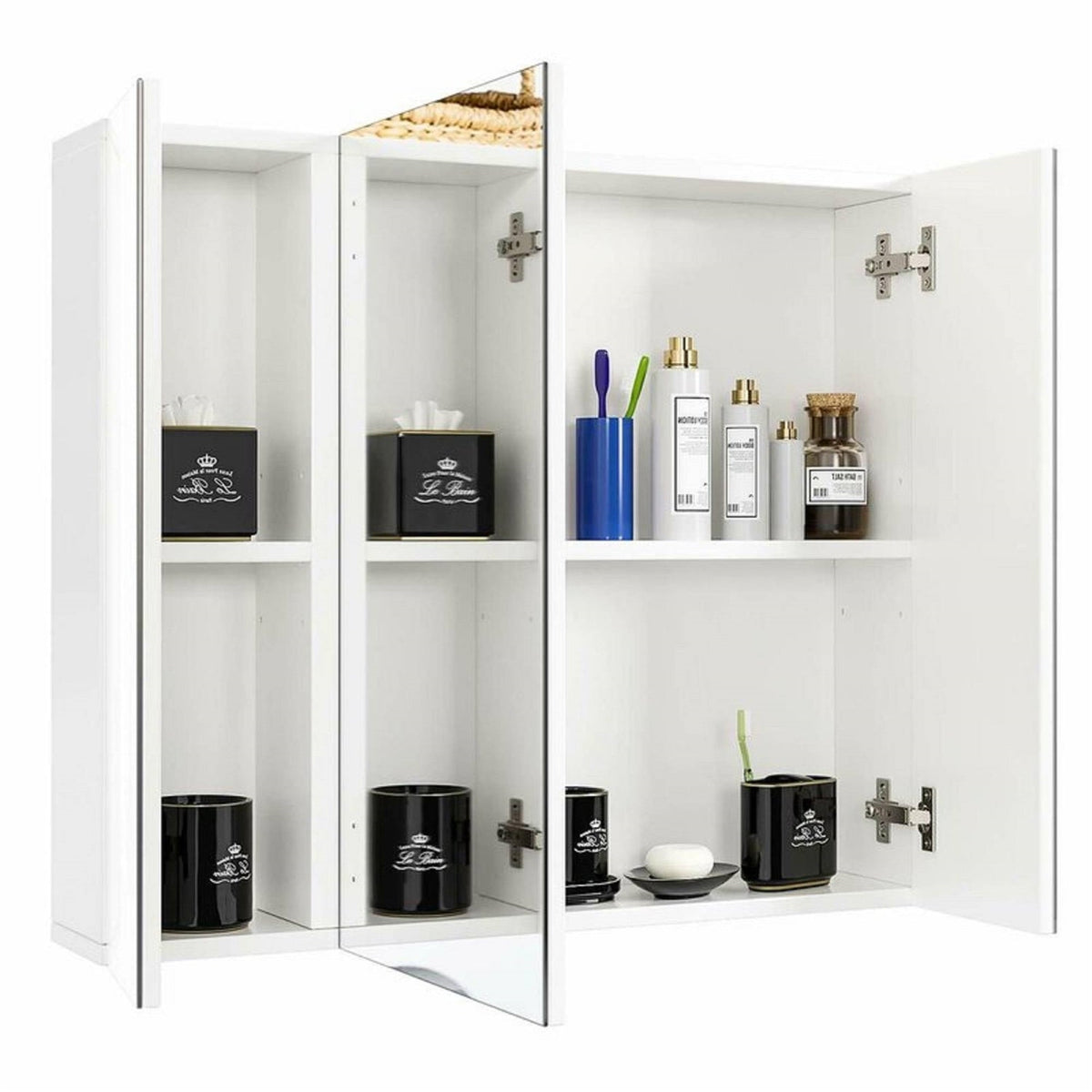 Wall-mounted medicine cabinet with three open doors and multiple interior shelves