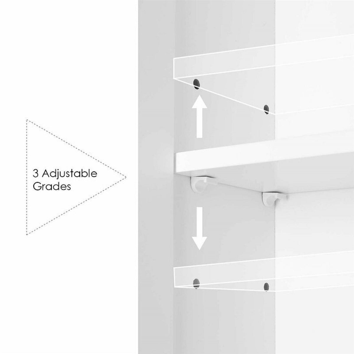 Medicine cabinet with adjustable shelf supports and three height levels
