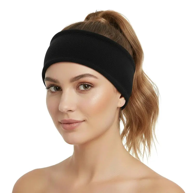 Black fleece headband worn, wide soft coverage