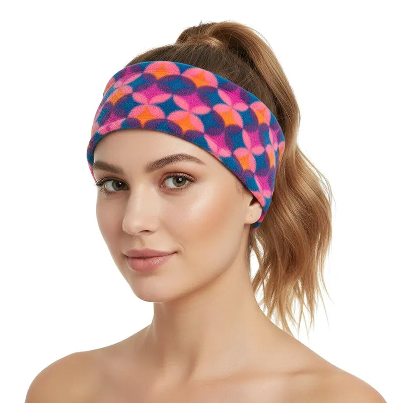 Fleece headband in bright multicolor geometric pattern