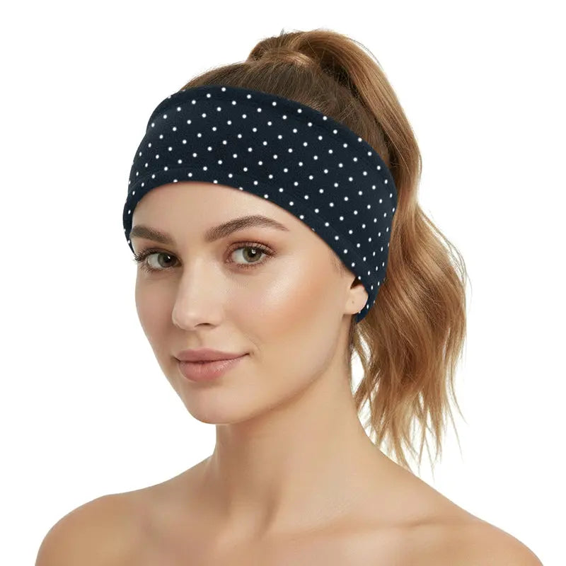 Fleece headband in black with small white dot pattern