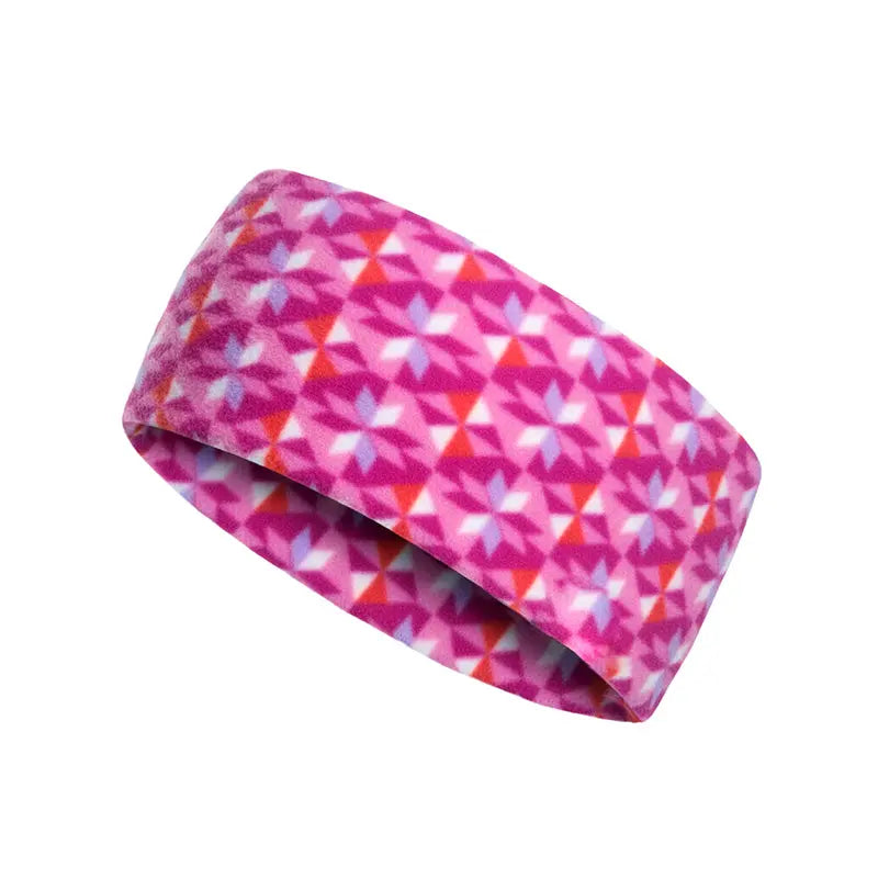 Pink and purple geometric fleece headband, wide soft winter band