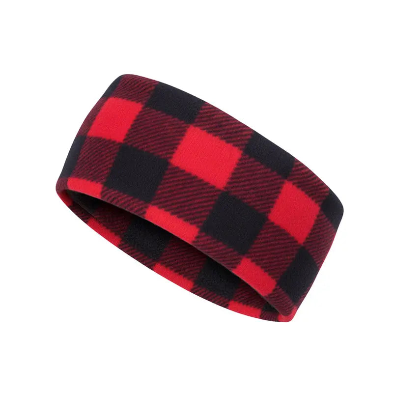 Red and black buffalo plaid fleece headband, wide warm band