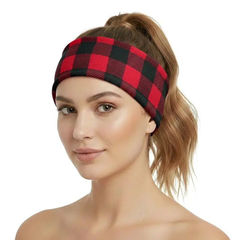 Red plaid fleece headband worn, wide soft ear warmer