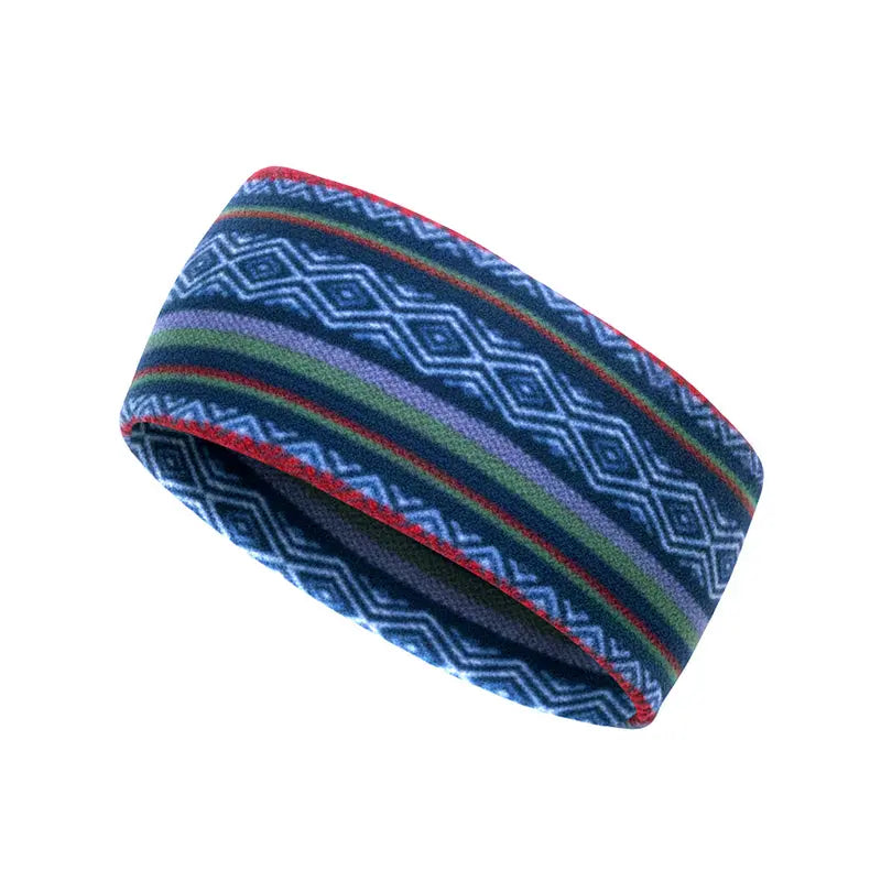 Fleece headband in blue with multicolor geometric stripe pattern