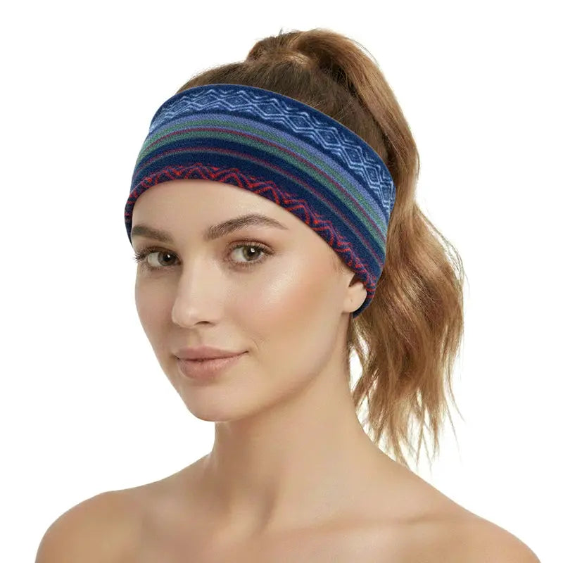 Blue patterned fleece headband worn, wide soft ear warmer band