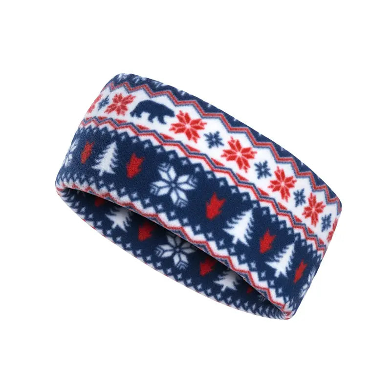 Fleece headband in navy with red and white Nordic reindeer and snowflake pattern