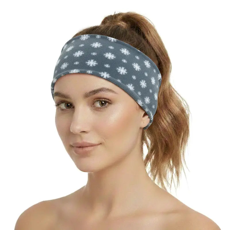 Fleece headband in dark grey with white snowflake pattern