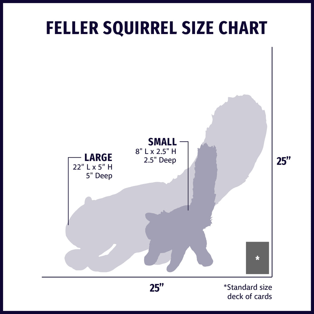 Feller squirrel plush dog toy size chart with Small and Large measurements
