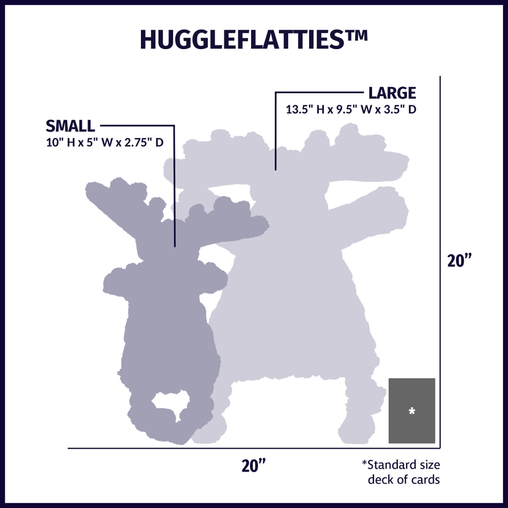 HuggleFlatties size chart showing small and large dimensions for plush toys
