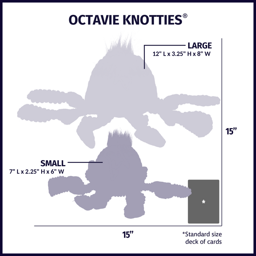 Plush octopus toy size chart showing small and large dimensions