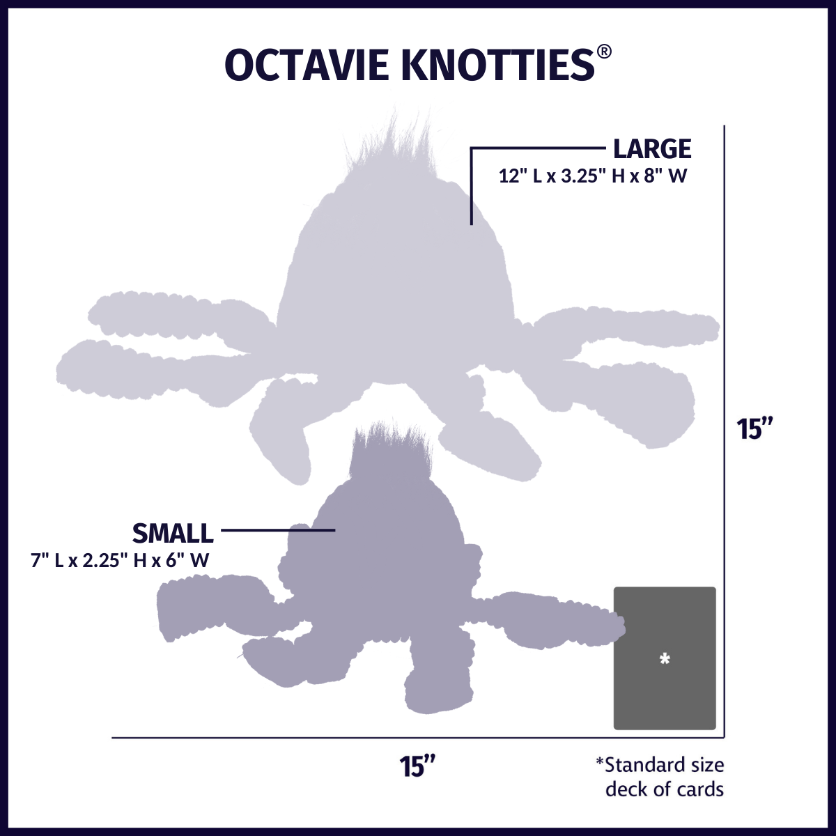 Plush octopus toy size chart showing small and large dimensions