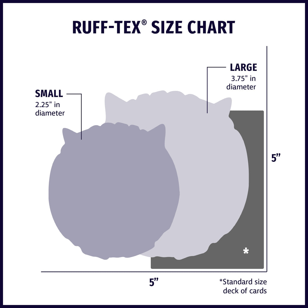 Ruff-Tex size chart showing small and large latex dog ball toy measurements