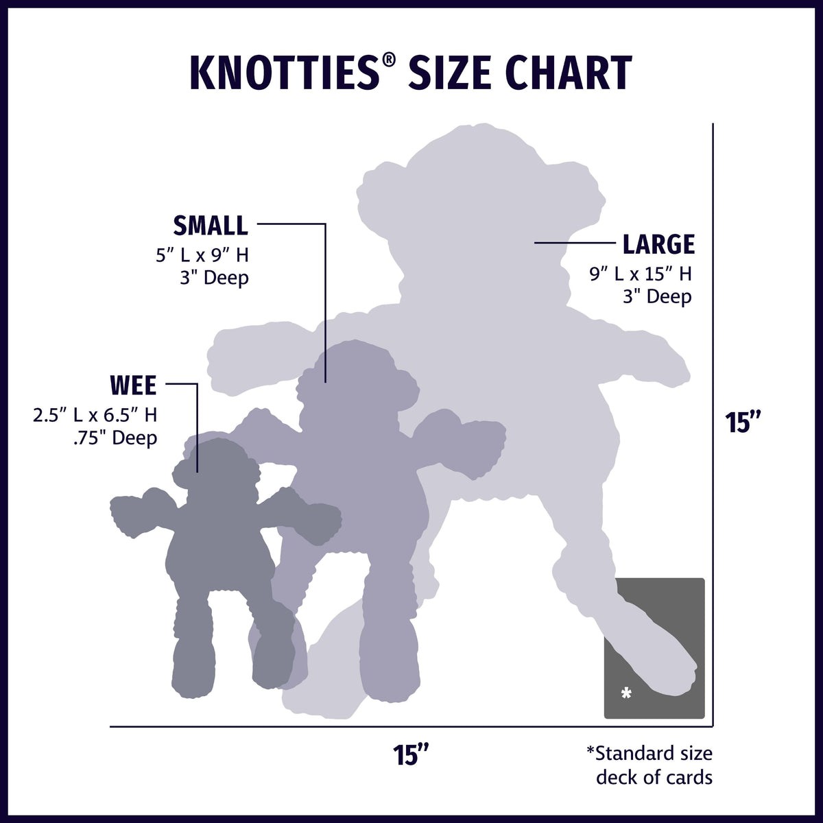 Knotties size chart showing small and large measurements, in inches