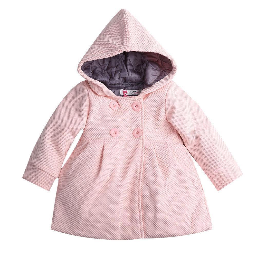 Light pink hooded toddler coat with button front and long sleeves