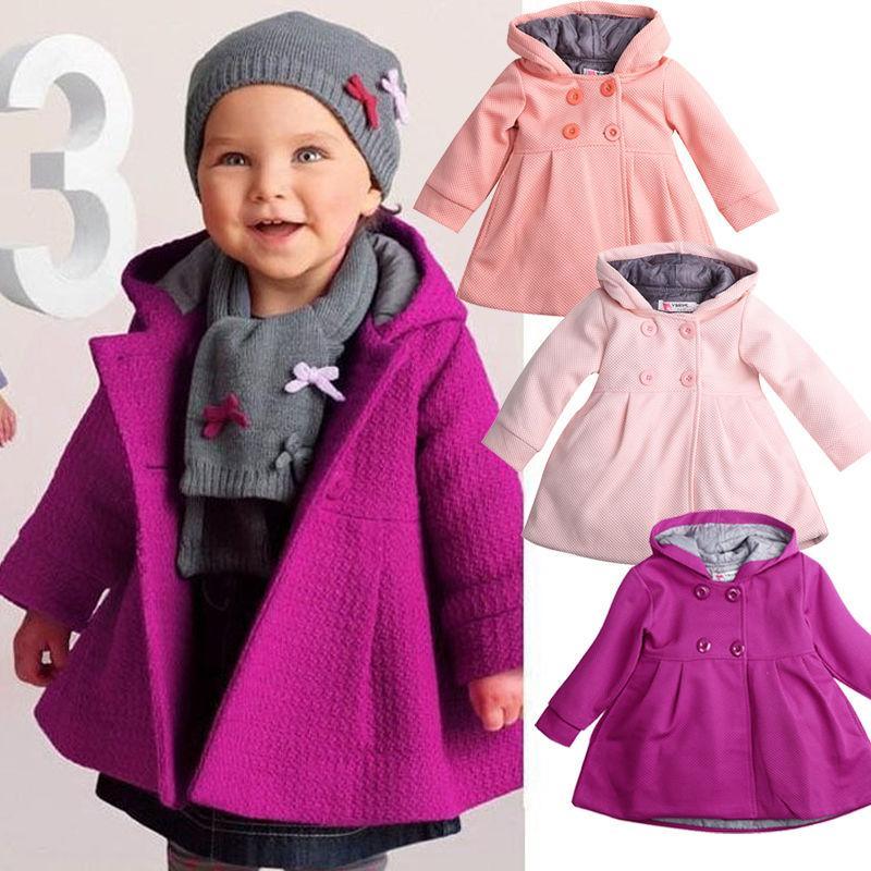 Toddler hooded coat in purple with gray knit hat and scarf, button front and long sleeves