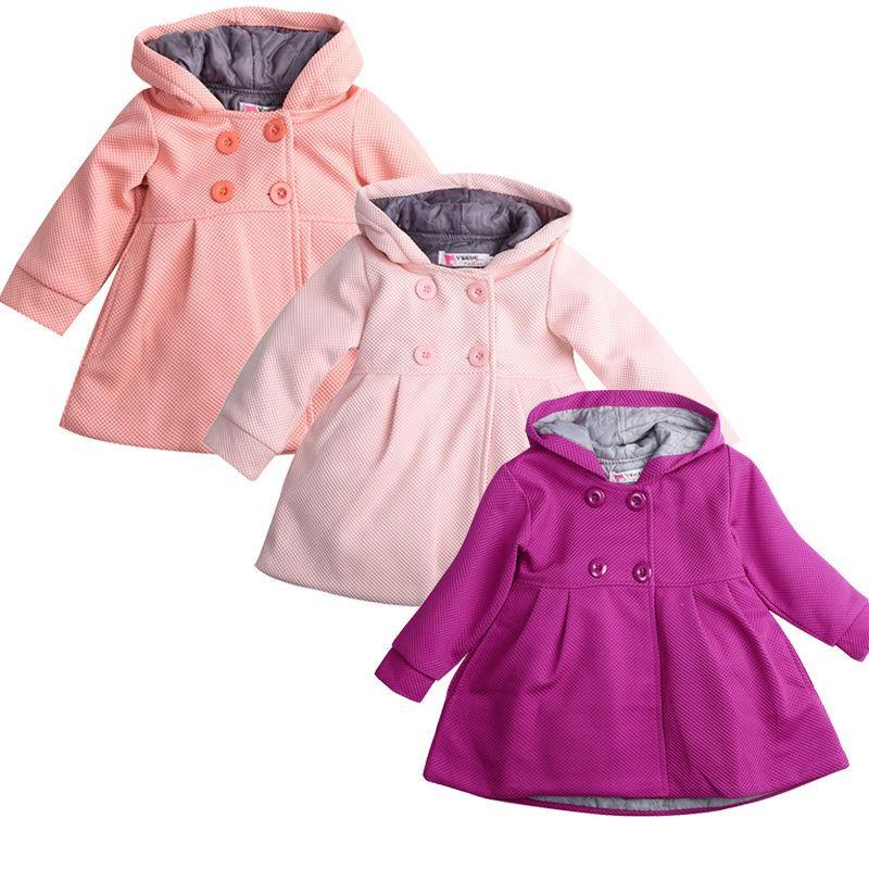 Hooded toddler coats in pink and purple, button-front design with full-length sleeves