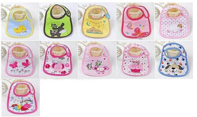 Unisex baby bibs, assorted designs with pink, blue, green, and yellow animal graphics