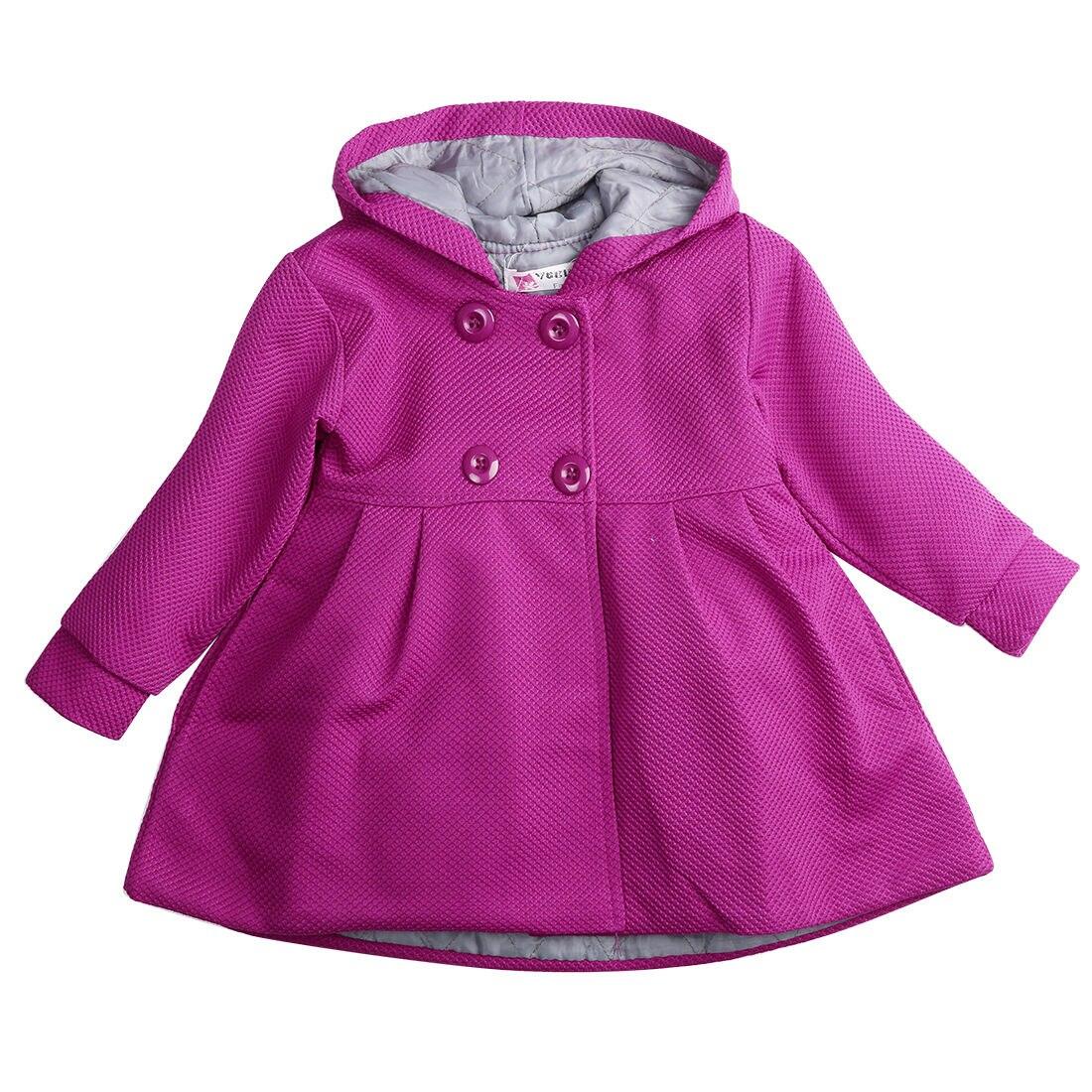 Purple hooded toddler coat with button front, pleated skirt, and long sleeves