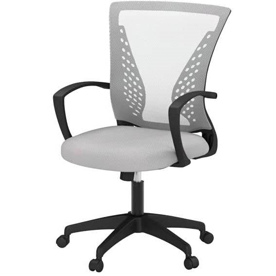 Gray mid-back ergonomic mesh office chair with armrests and wheeled base