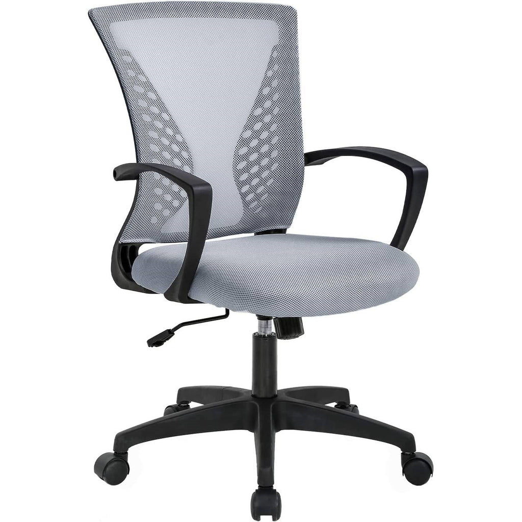 Gray mid-back mesh office chair with curved armrests, padded seat, caster wheels
