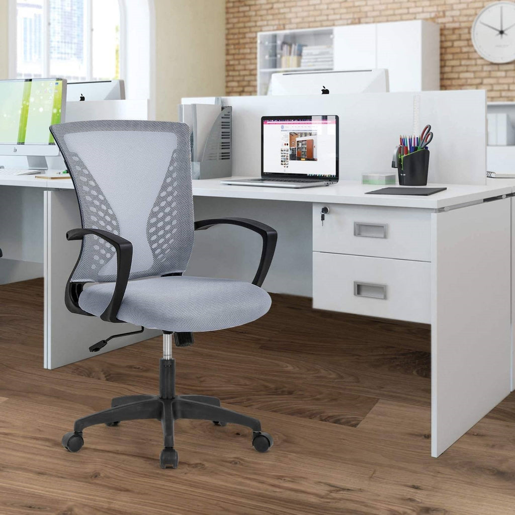Gray mesh mid-back desk chair with armrests, padded seat, and rolling caster base