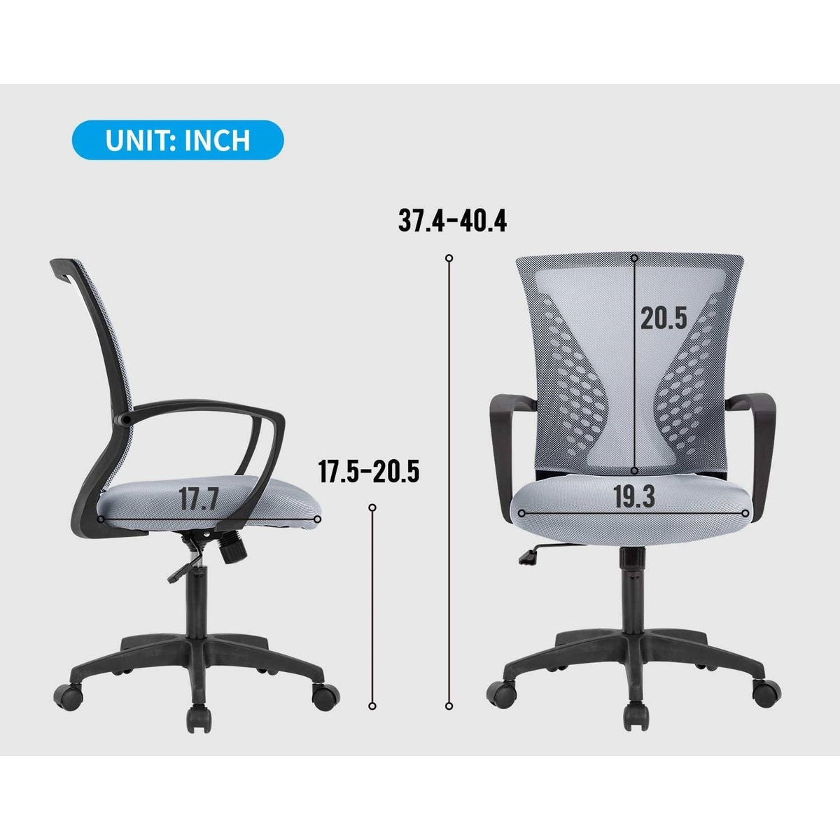 Mid-back ergonomic mesh desk chair with inch dimension diagram