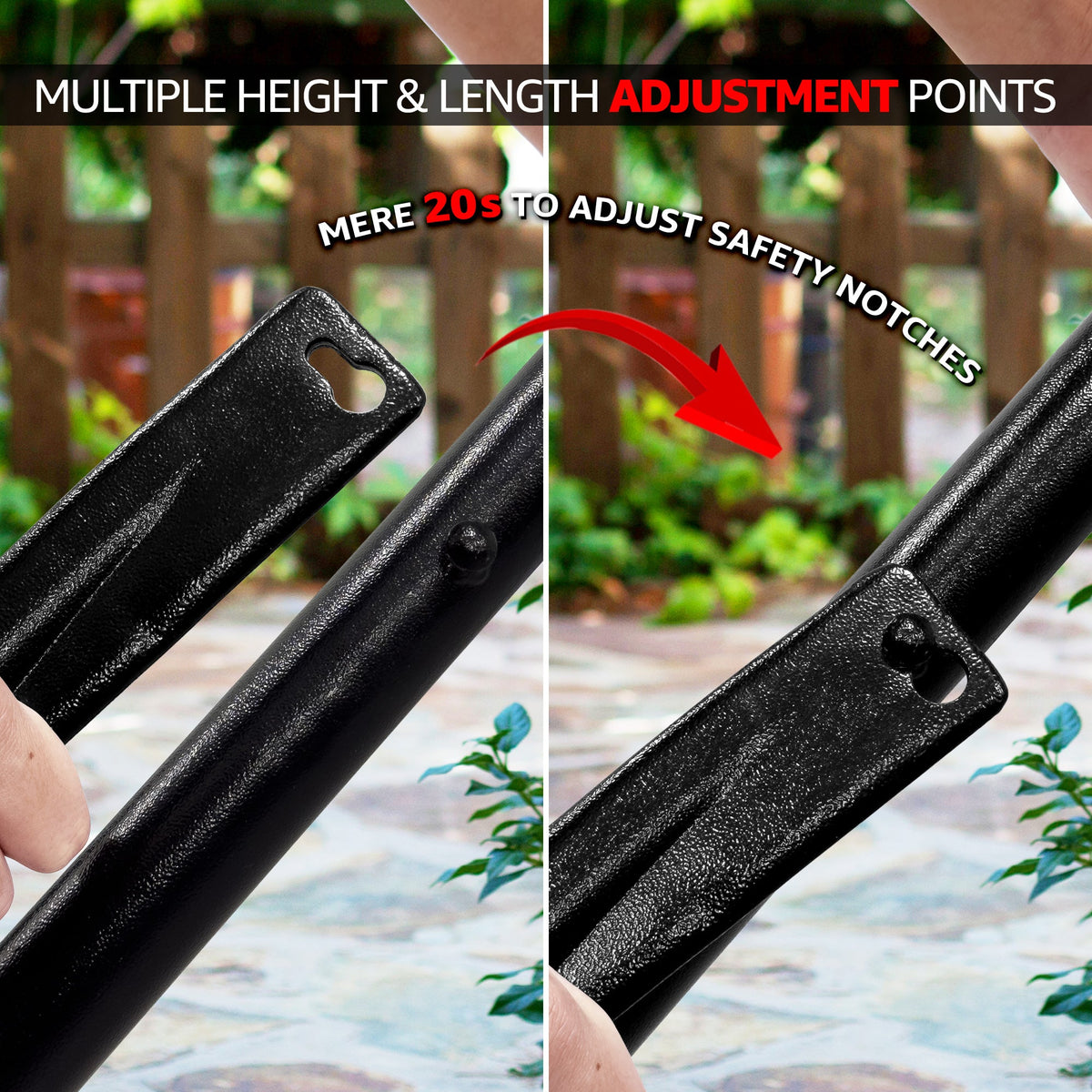 Adjustable hammock stand legs with height notches, black frame detail, close-up