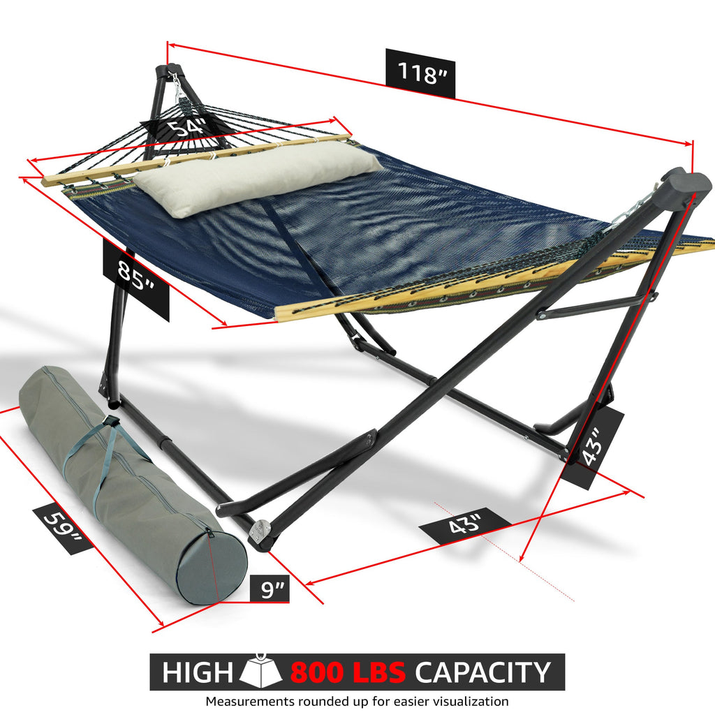 Hammock with stand and detachable pillow, navy fabric on light wood, 800 lb capacity