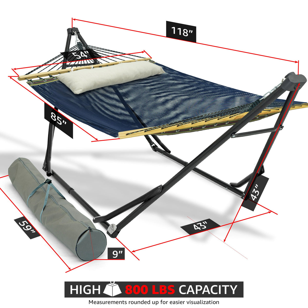 Hammock with stand and detachable pillow, navy fabric on light wood, 800 lb capacity