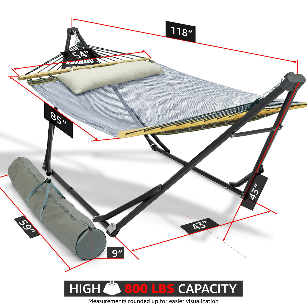 Hammock with stand, light fabric bed, yellow spreader bar, and carrying bag