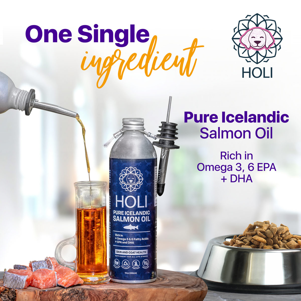 Salmon oil infographic with bottle and pump beside kibble and omega-3 EPA DHA text