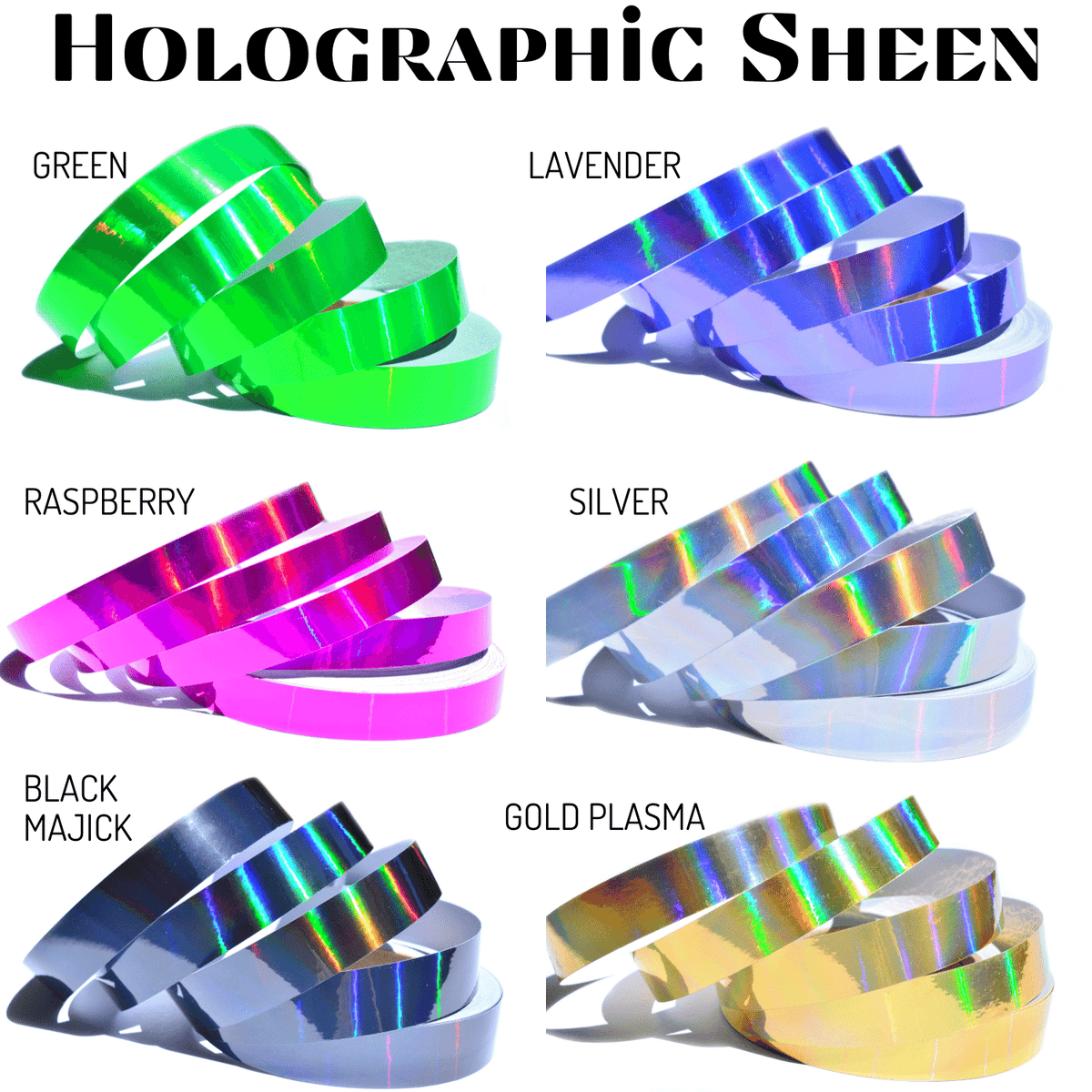Holographic tape sheens color swatches in green, lavender, raspberry, silver, black