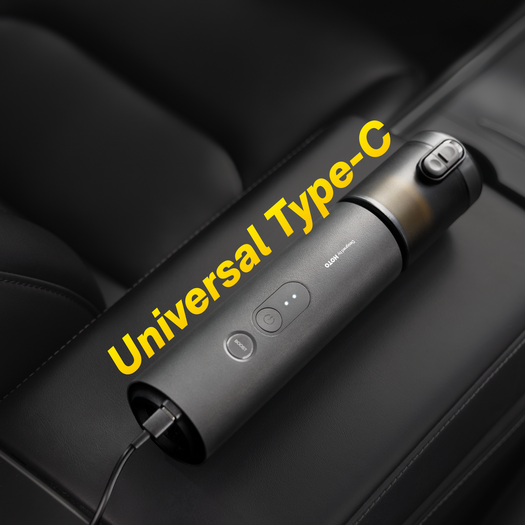 Handheld car vacuum duster with Type C charging port on dark gray body