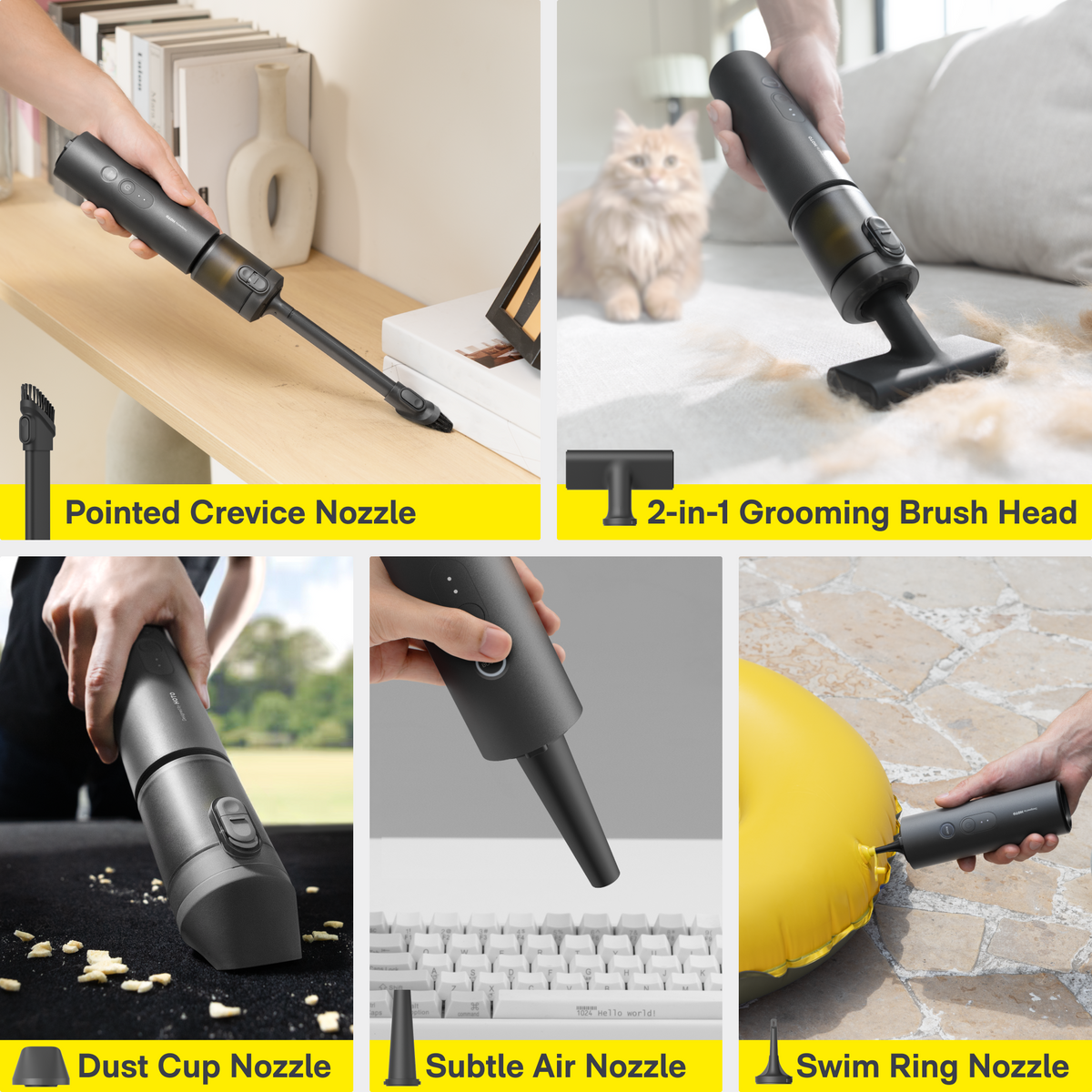 Handheld air duster vacuum with multiple nozzle heads: crevice, brush, and dust cup