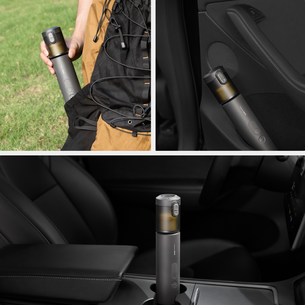 Handheld car vacuum duster held in a hand, shown near car seat and console