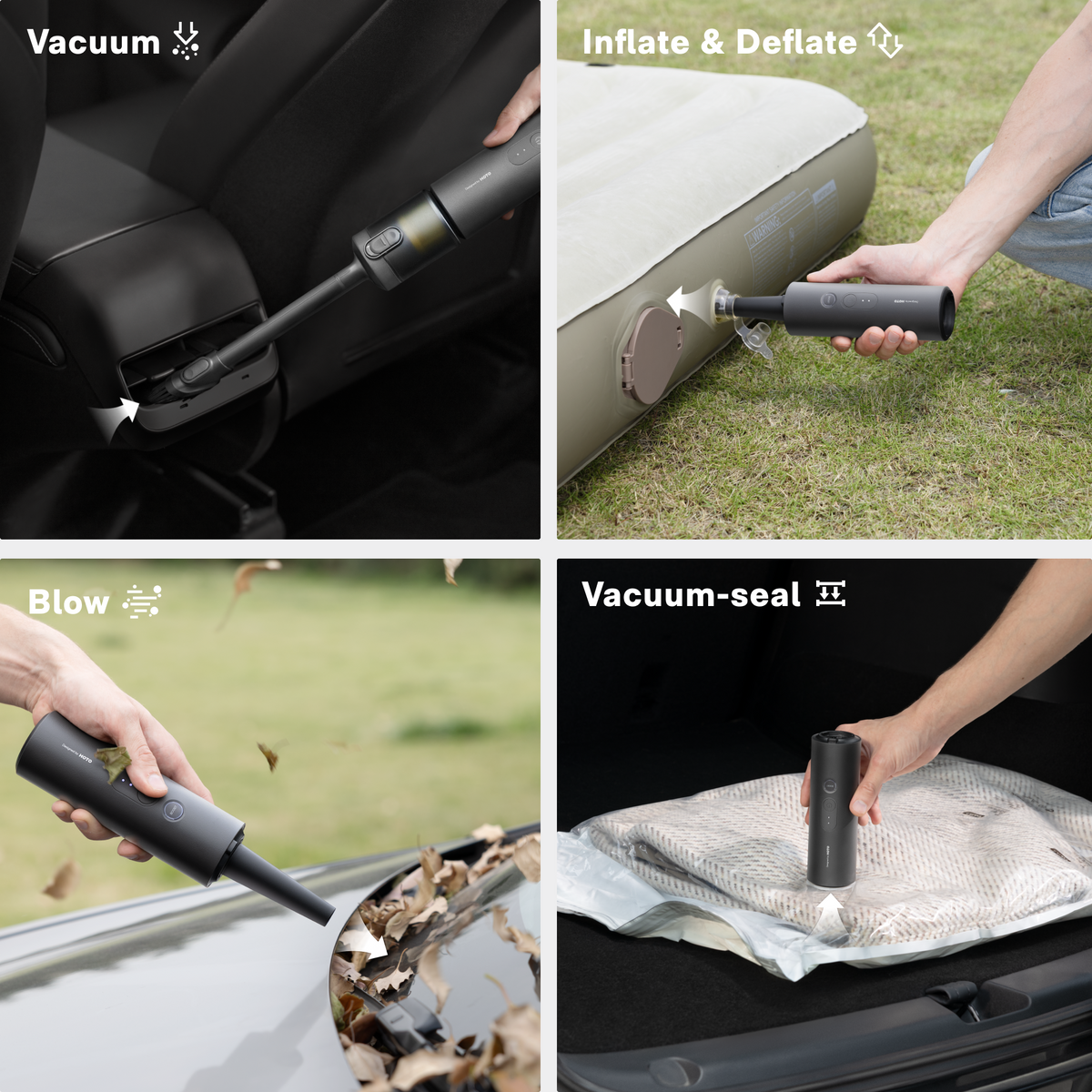 Handheld car vacuum duster with nozzle attachment, used for car, outdoor, and sealing