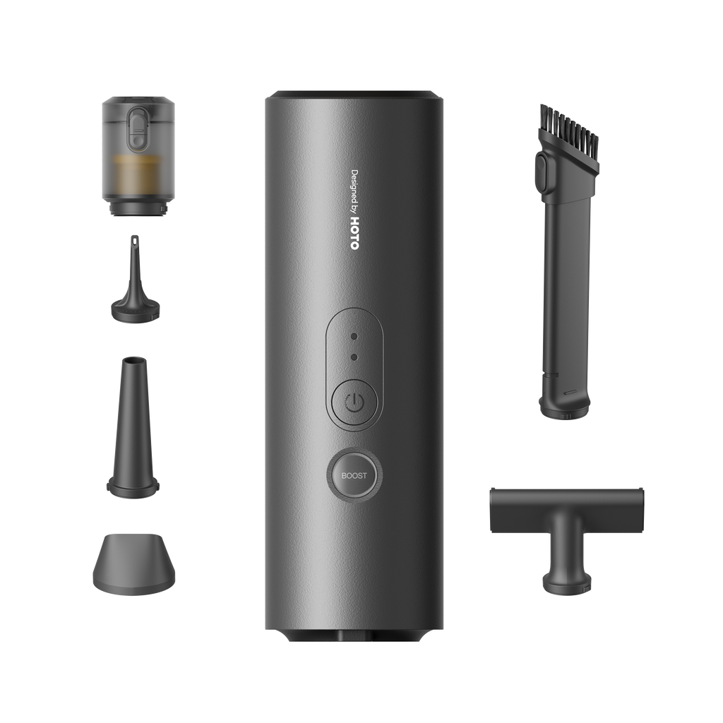 Air duster and vacuum main unit with control buttons and multiple nozzle attachments