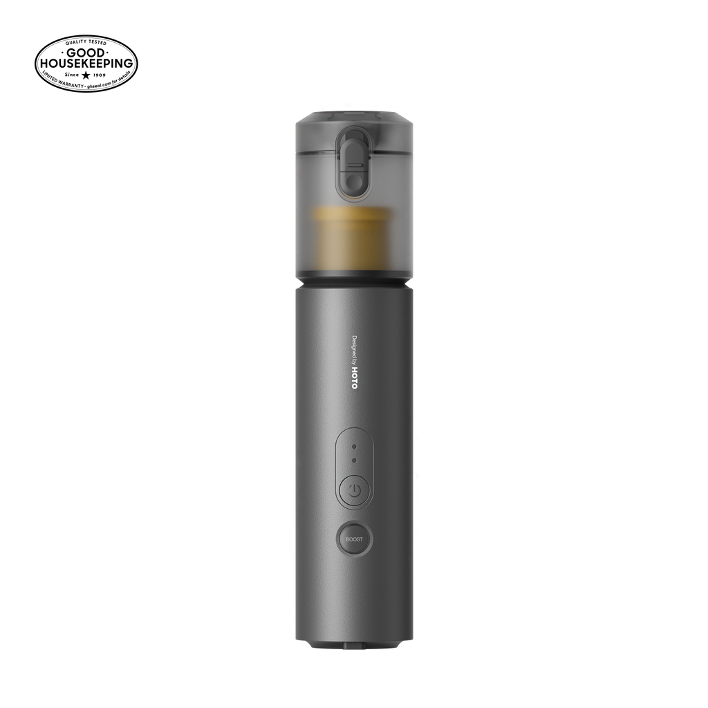 Handheld car air duster vacuum, dark gray cylinder with nozzle and control buttons