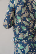 Blue long-sleeve pajama top and matching pants with all-over shark pattern