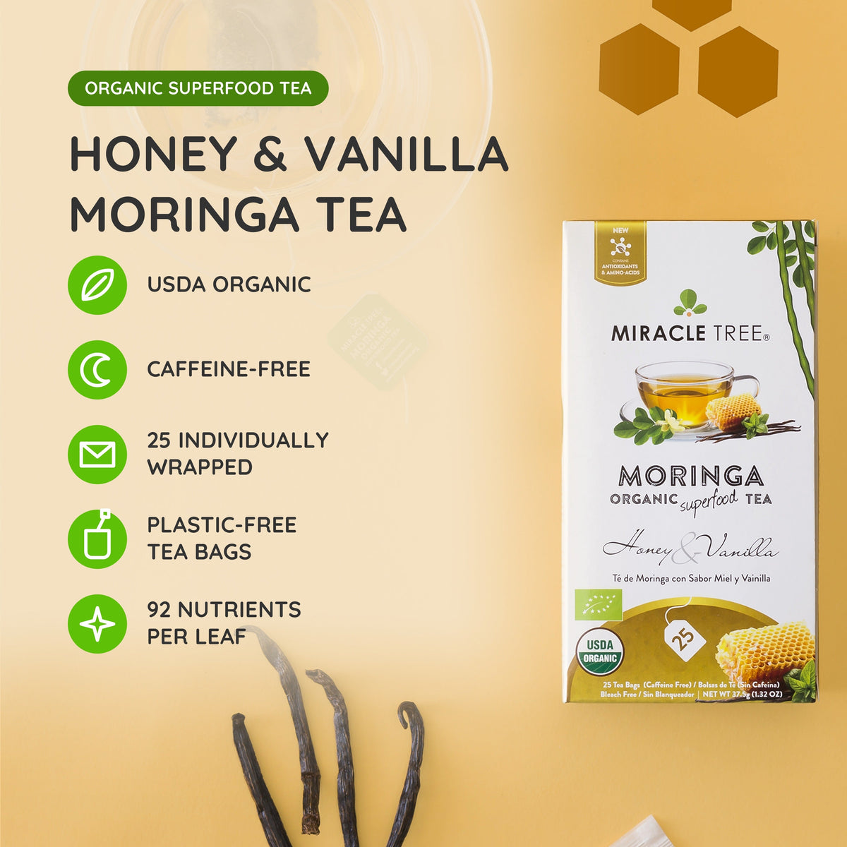 Caffeine-free moringa honey & vanilla herbal tea box, USDA organic, 25 tea bags.