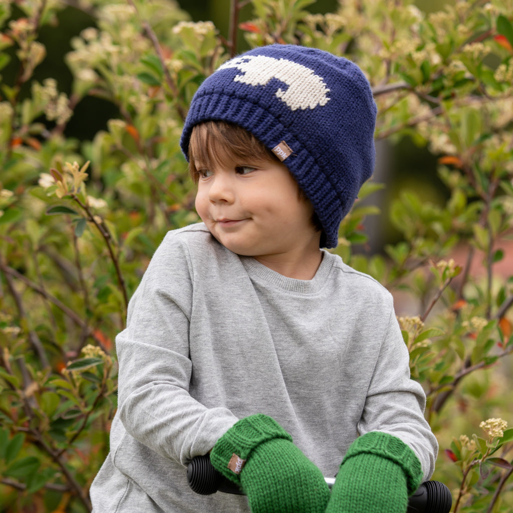 Boys navy knit beanie with white animal design