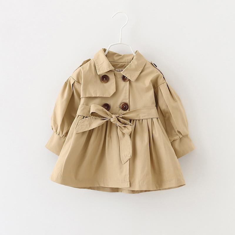 Khaki double-breasted baby windbreaker coat on hanger with bow tie waist