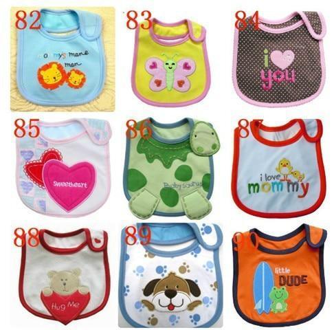 Unisex baby bibs, colorful panel set with hearts and animal character graphics