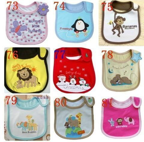 Unisex baby bibs, assorted pastel designs with penguin, butterfly, bear, and star motifs