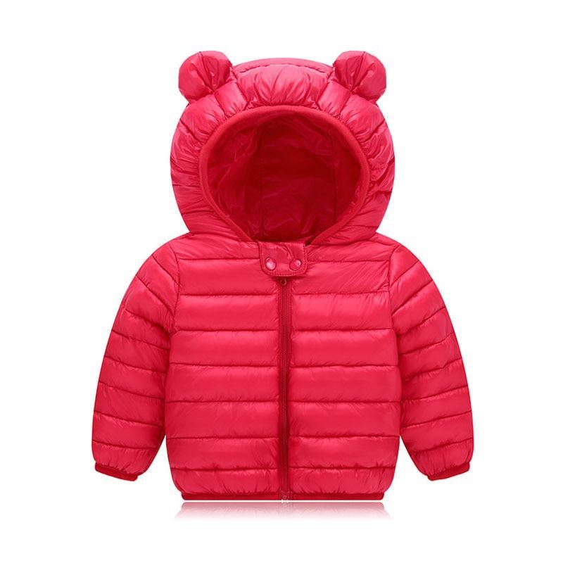 Red padded baby jacket with hood and bear-ear design, front zipper closure