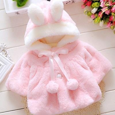 Baby girls winter coat, pink plush bunny-ear hood with bow and pom-pom accent