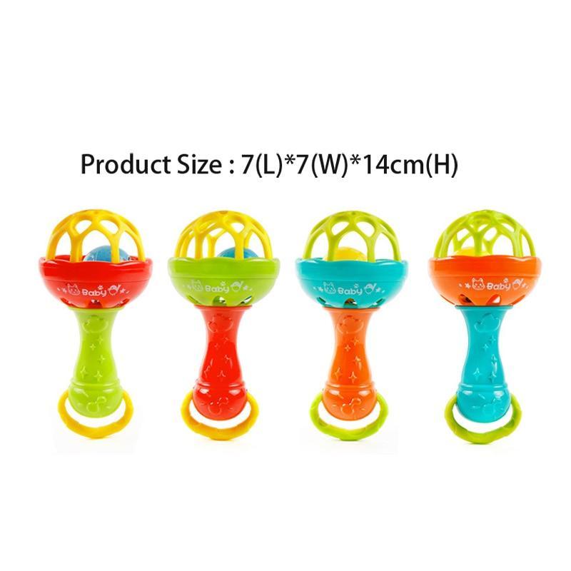 Baby plastic hand rattle in four colors: red, lime green, orange, teal
