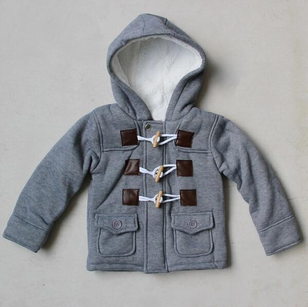 Infant gray hooded jacket with drawstring hood and front toggle closures